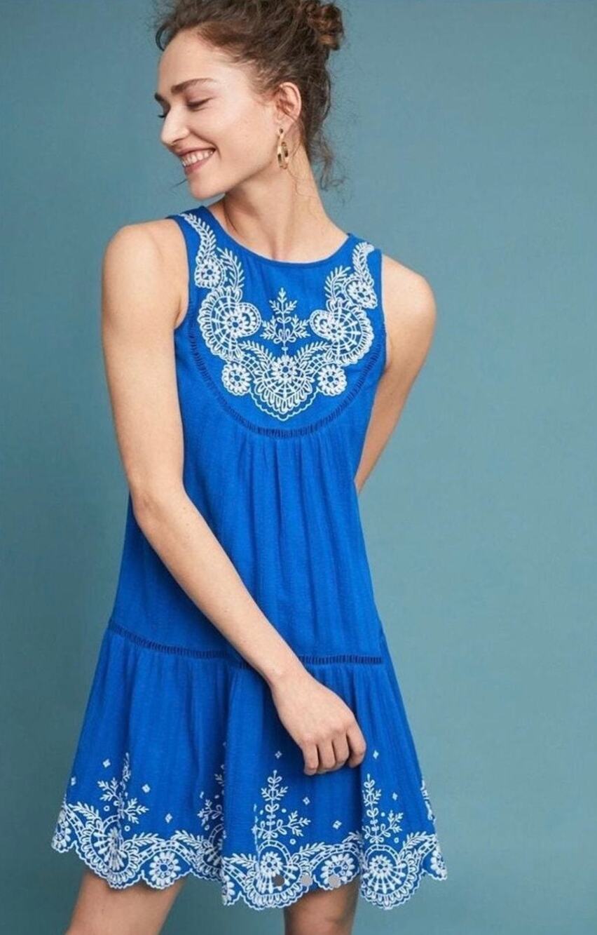 Anthropologie Meadow Rue Wadden Embroidered Dress Blue White Size 6